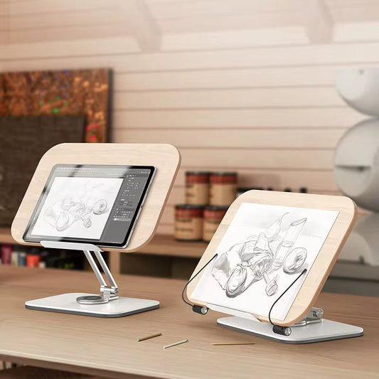 Portable rotating bamboo and metal laptop and book stand.