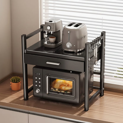 Black heavy-duty microwave stand with extra storage drawer and rust-resistant carbon steel construction.