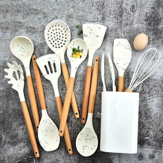 White marble silicone kitchen spoon set for non-stick cookware