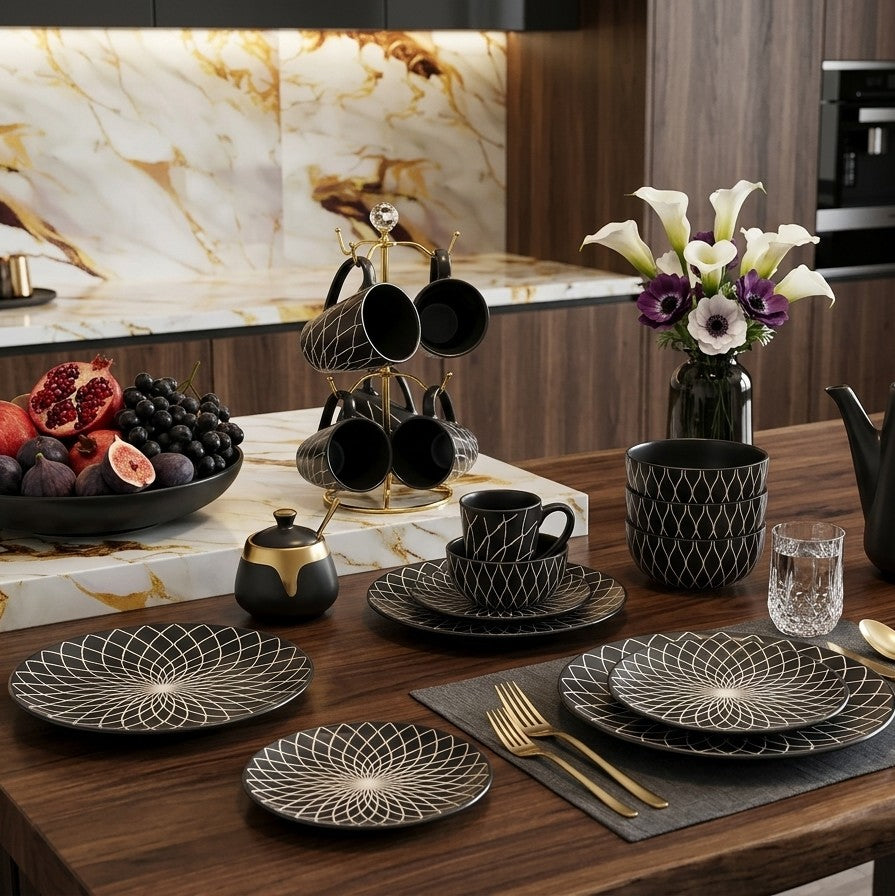 24pc black and white ceramic dinner set with modern design, including plates, bowls, and cups.