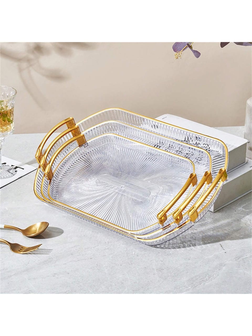 3Pc European Gold Rectangular Tray Set