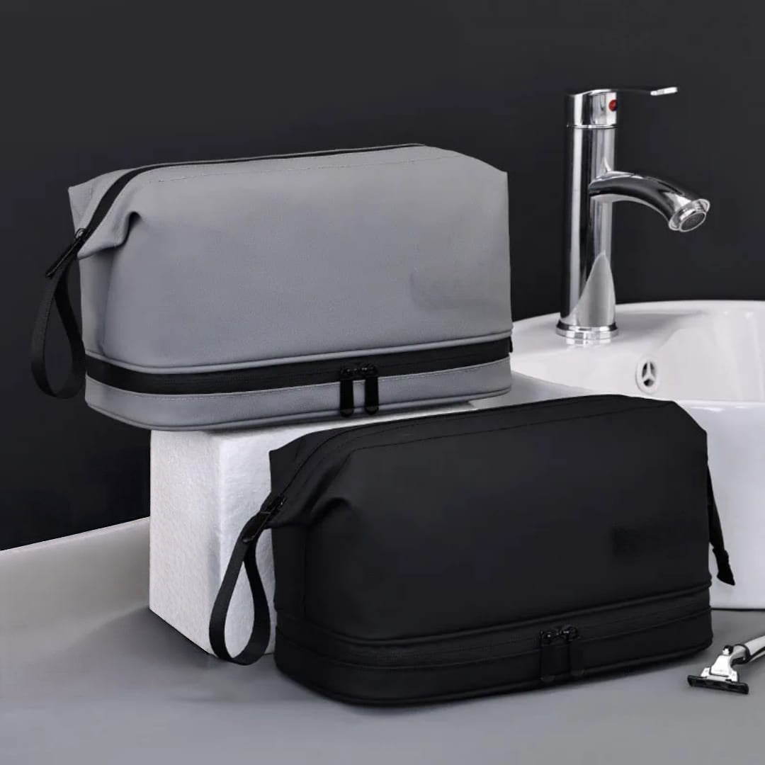 Double layer portable cosmetic bag for travel and makeup storage