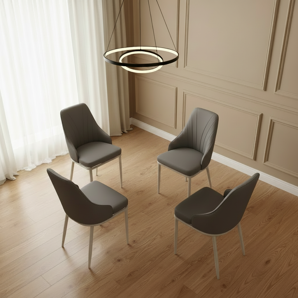 4 Seater Dining Set with White Marble-effect Table and Grey upholstered Chairs.