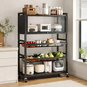 3 layer kitchen storage rack with cabinet, detachable mesh baskets, and universal wheels, measuring 125 × 80 × 32 cm.
