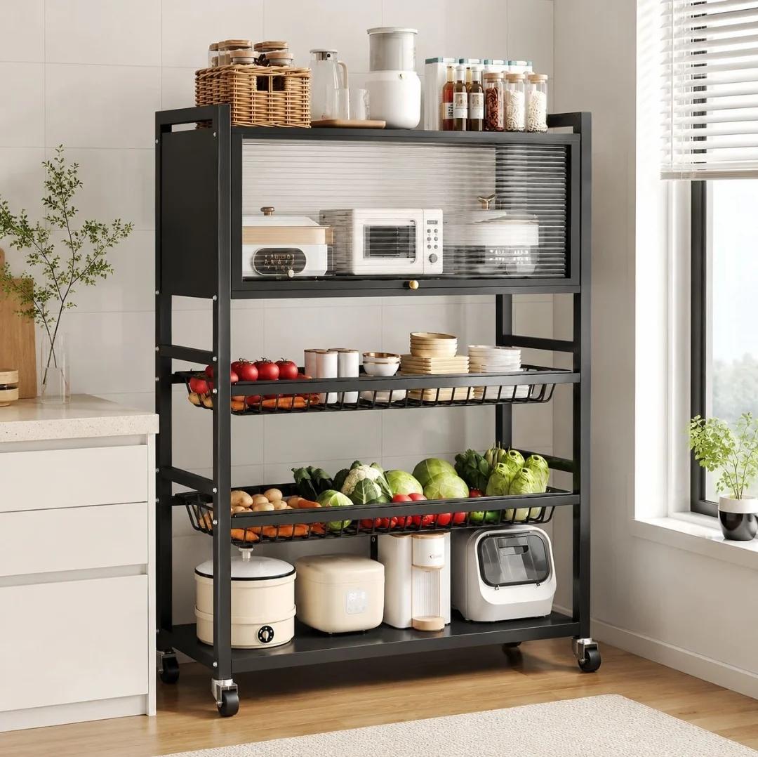 3 layer kitchen storage rack with cabinet, detachable mesh baskets, and universal wheels, measuring 125 × 80 × 32 cm.