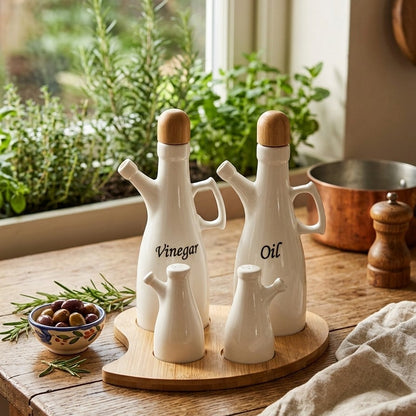 5pcs porcelain condiment set with oil and vinegar bottles, salt and pepper shakers on bamboo stand.