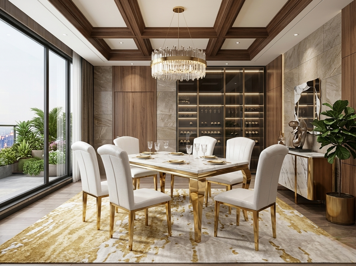 Six seater marble dining table set with microfibre chairs and gold or silver legs for luxury dining room