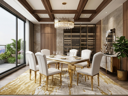 Six seater marble dining table set with microfibre chairs and gold or silver legs for luxury dining room