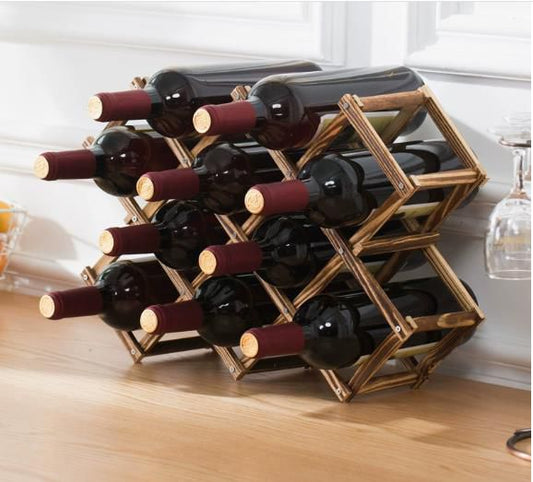 Foldable wooden wine rack with 10 slots for bottle storage