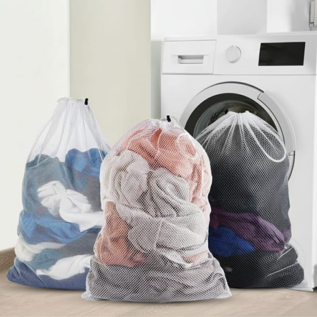 3pcs mesh laundry basket set 60x90cm with drawstring closure, large capacity clothes storage bags. 