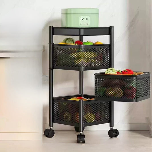 3 tier square rotating metal rack for fruits, vegetables, and kitchen storage with lockable wheels