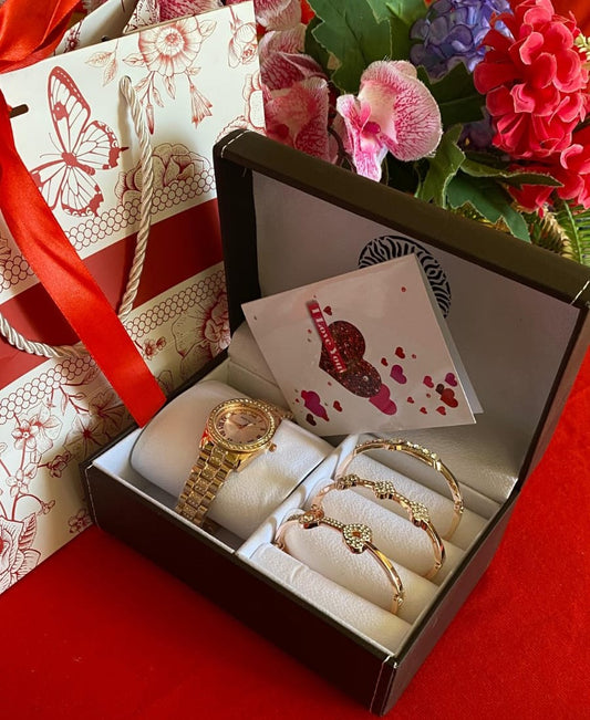 Ande Klevn Valentines gift pack with watch, three bracelets, gift card, and ribboned bag
