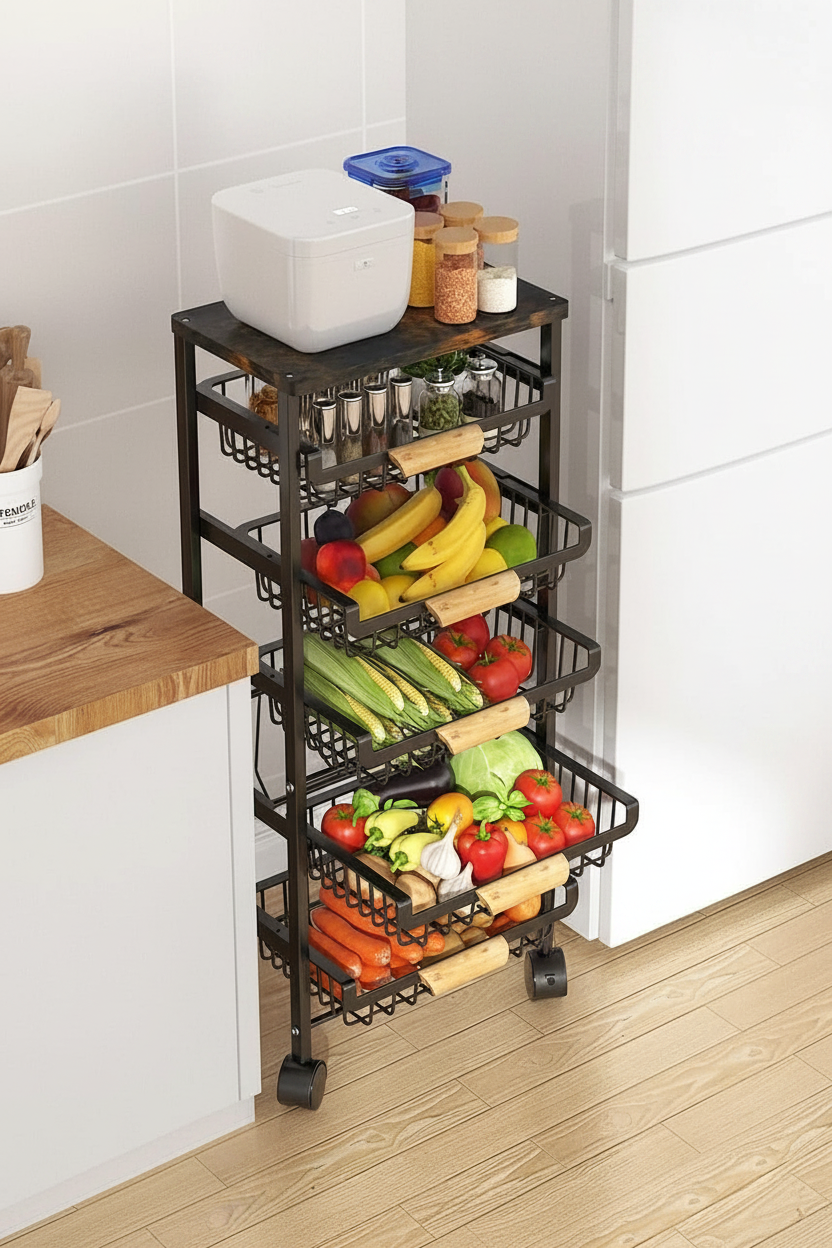 Alt Text
4-layer stainless steel kitchen storage rack with detachable baskets and a bamboo top for organizing vegetables and pantry essentials.