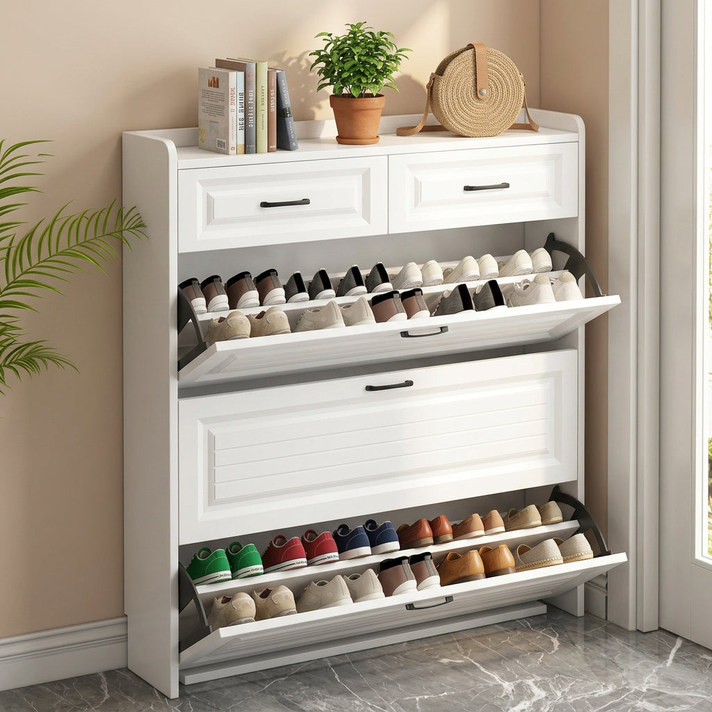 Slim flip shoe cabinet with multi-layer shoe storage compartments.