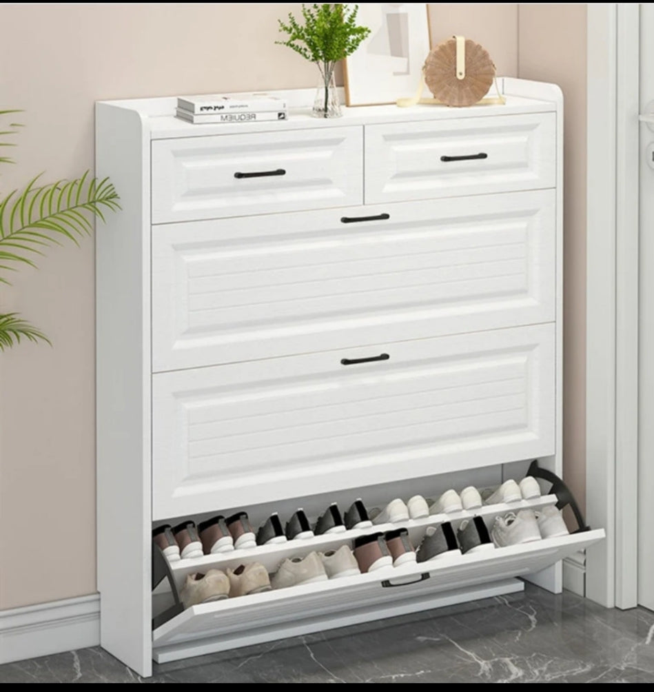 Slim flip shoe cabinet with multi-layer shoe storage compartments.