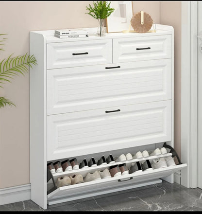 Slim flip shoe cabinet with multi-layer shoe storage compartments.