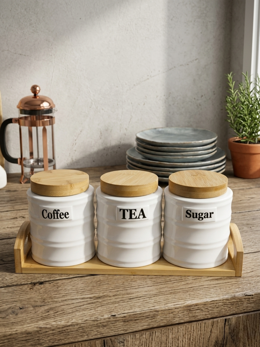 Round ceramic luxury canister 550ml for tea and sugar storage with elegant kitchen design