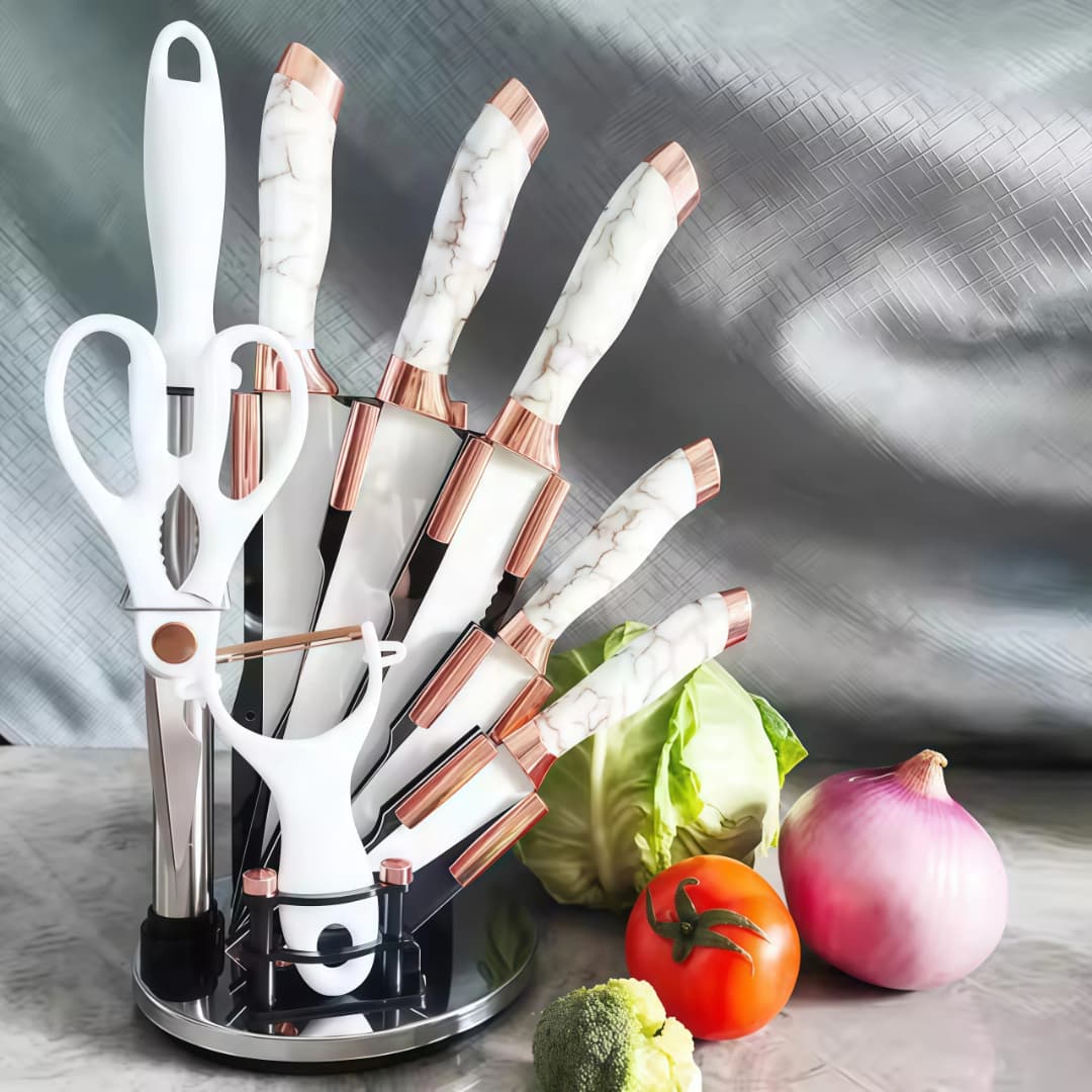 9-piece rose gold marble pattern paint knife set for artistic and culinary use