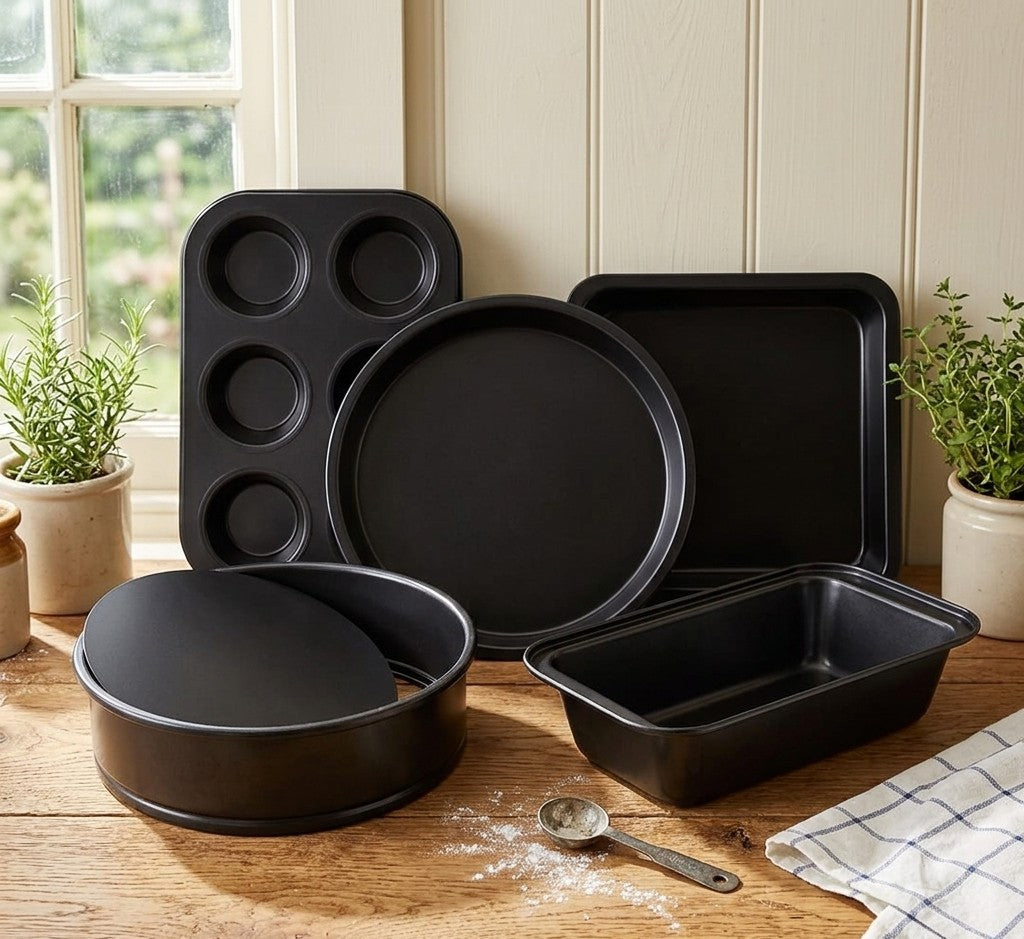 5-piece nonstick carbon steel baking set in black, durable bakeware for cakes, pastries, and desserts. 