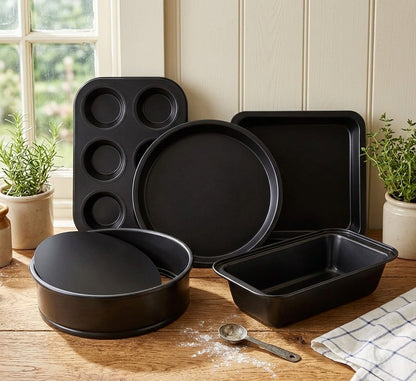 5-piece nonstick carbon steel baking set in black, durable bakeware for cakes, pastries, and desserts. 