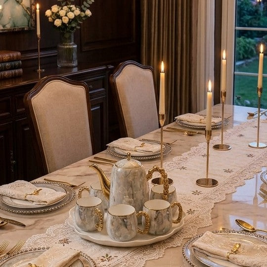 8Pc White Tea and Coffee Set with Golden Handles