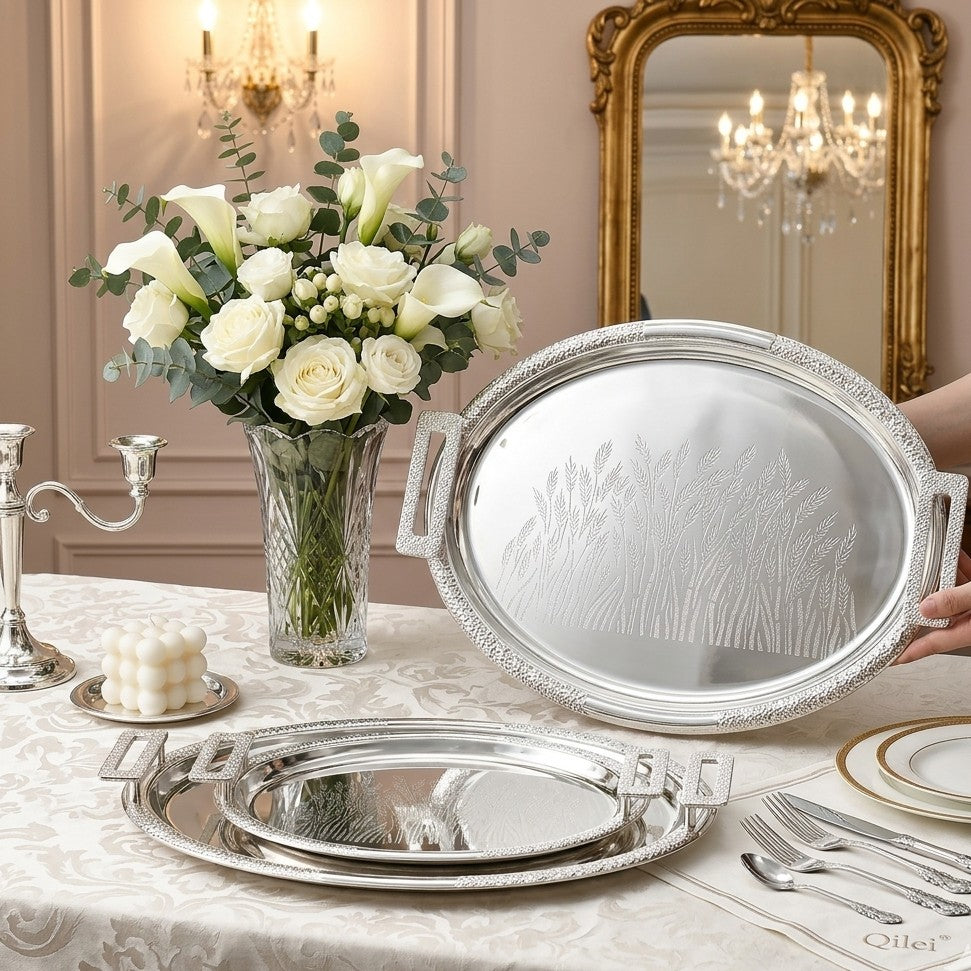 3Pc Antique Round Silver Double Tone Mirror Polished Metal Tray Set