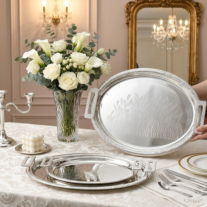 3Pc Antique Round Silver Double Tone Mirror Polished Metal Tray Set