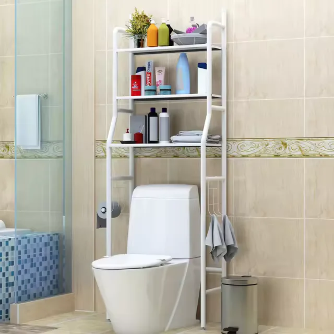 Toilet stand rack placed behind a toilet providing vertical bathroom storage shelves