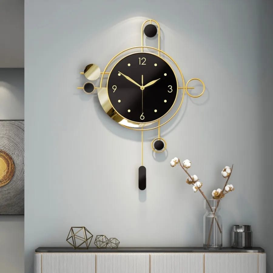 Gold modern luxury wall clock with digital display, 55cm by 40cm.