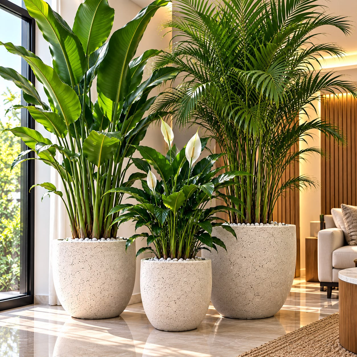 Ribbed Concrete Planters – 24.5 × 24.5 × 23 cm, 35 × 35 × 31.5 cm and 48 × 48 × 41.5 cm