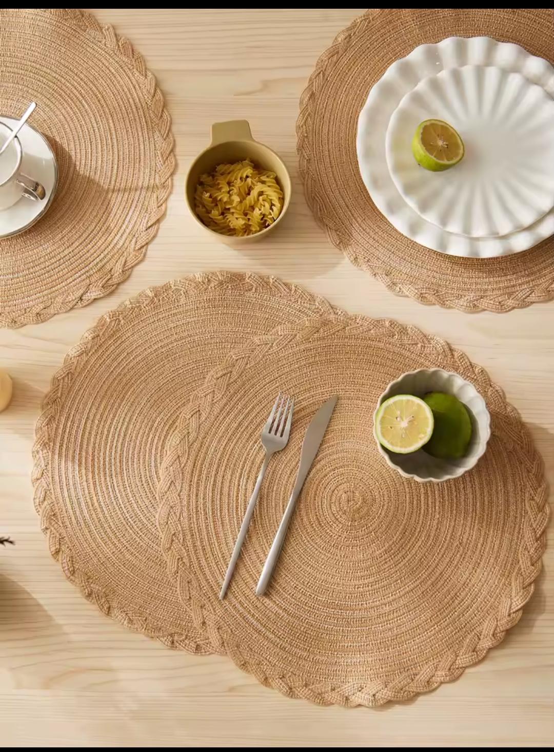 Set of 6 woven round table mats in light brown and dark brown for stylish dining table protection