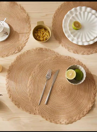 Set of 6 woven round table mats in light brown and dark brown for stylish dining table protection