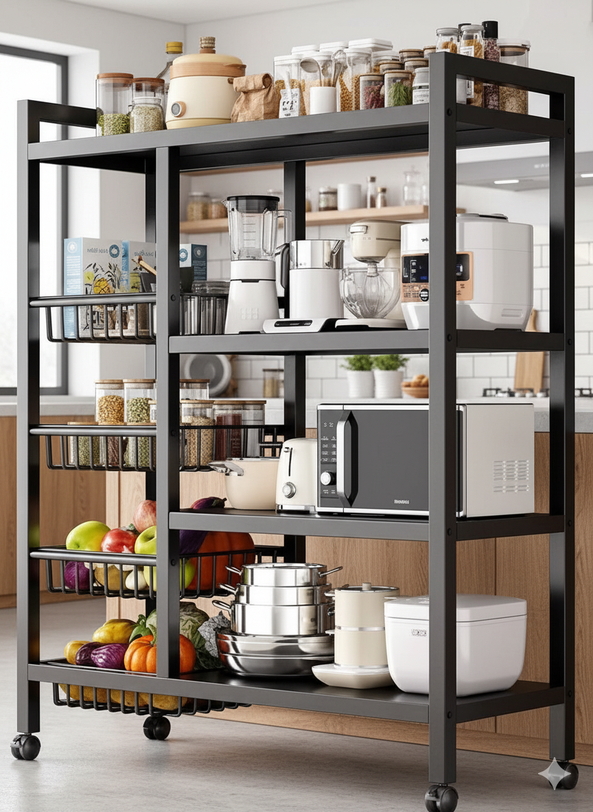 Metallic 4 Mesh 4 Tray Trolley Rack