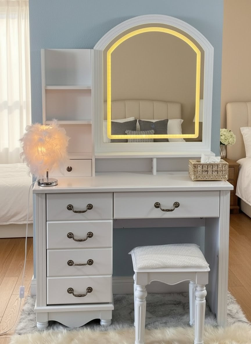 White wooden dressing table with built-in LED light