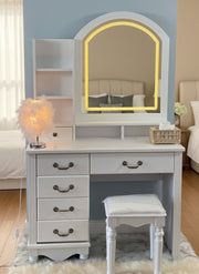 White wooden dressing table with built-in LED light