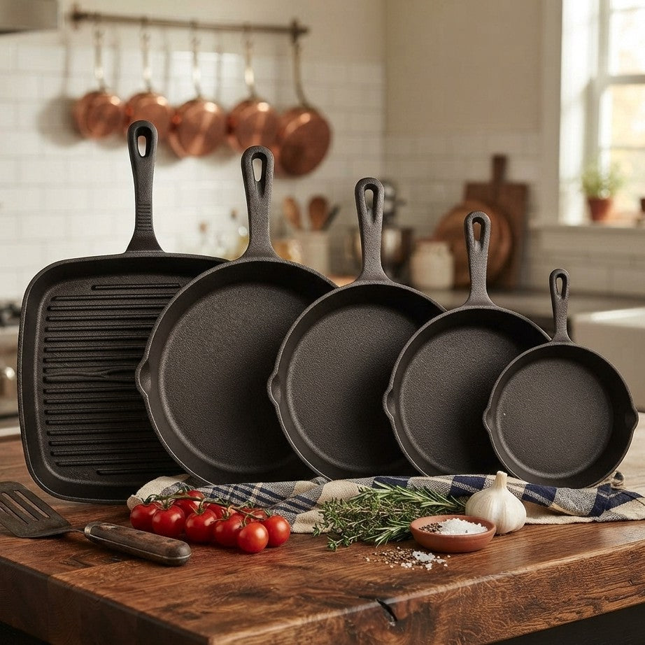 5Pc Cast Iron Skillet and Steak Pan Set