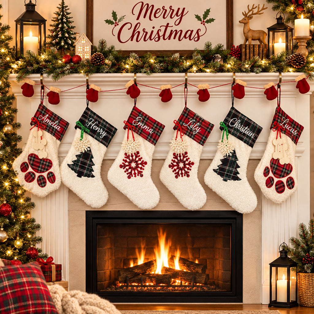 Christmas fireplace stocking socks for festive home decorations and small gifts.