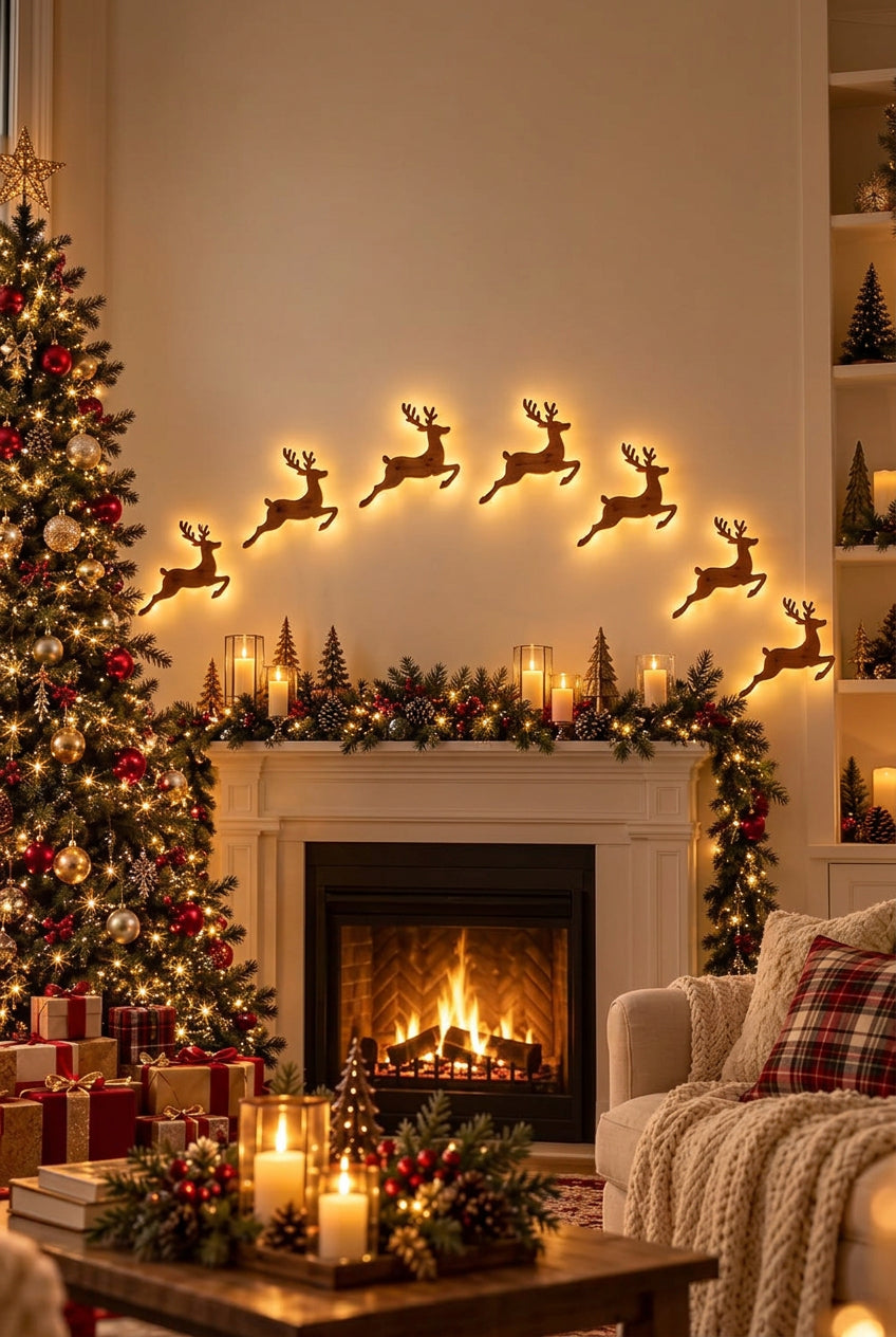Set of 7 3D Reindeer and Santa Christmas Wall Decorations with Lighting