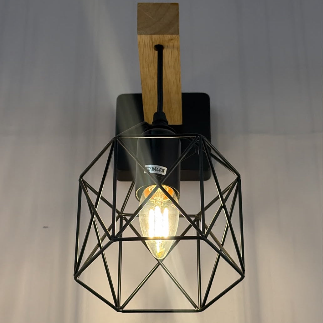 Black Geometric Wall Light with Wooden Accent E27 PL 1139-01-BK