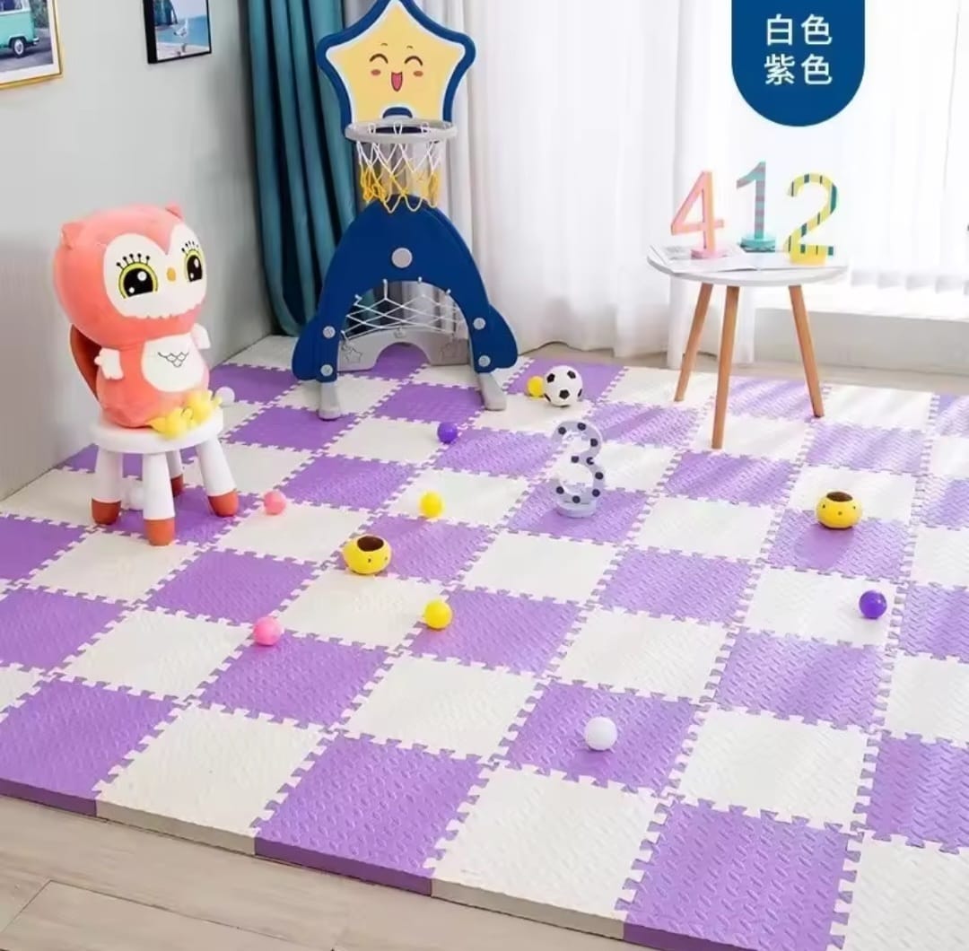 8 piece thick foam baby play puzzle mat with interlocking tiles.