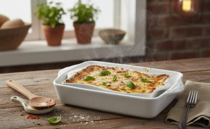 White ceramic rectangle baking tray, available in small and medium
