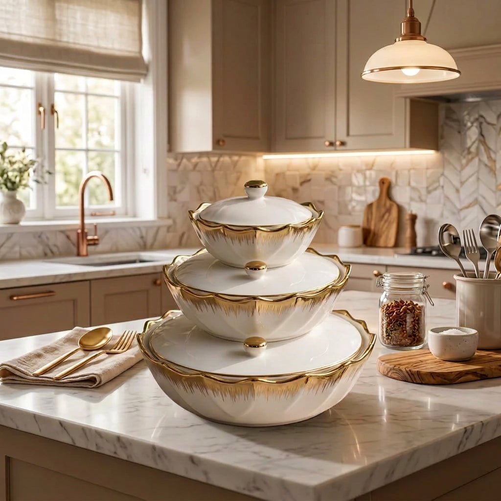 3 Piece  Lotus Ceramic Bowl Set with Matching Ceramic Lids for Kitchen Food Storage and Serving available in Nairobi, Kenya