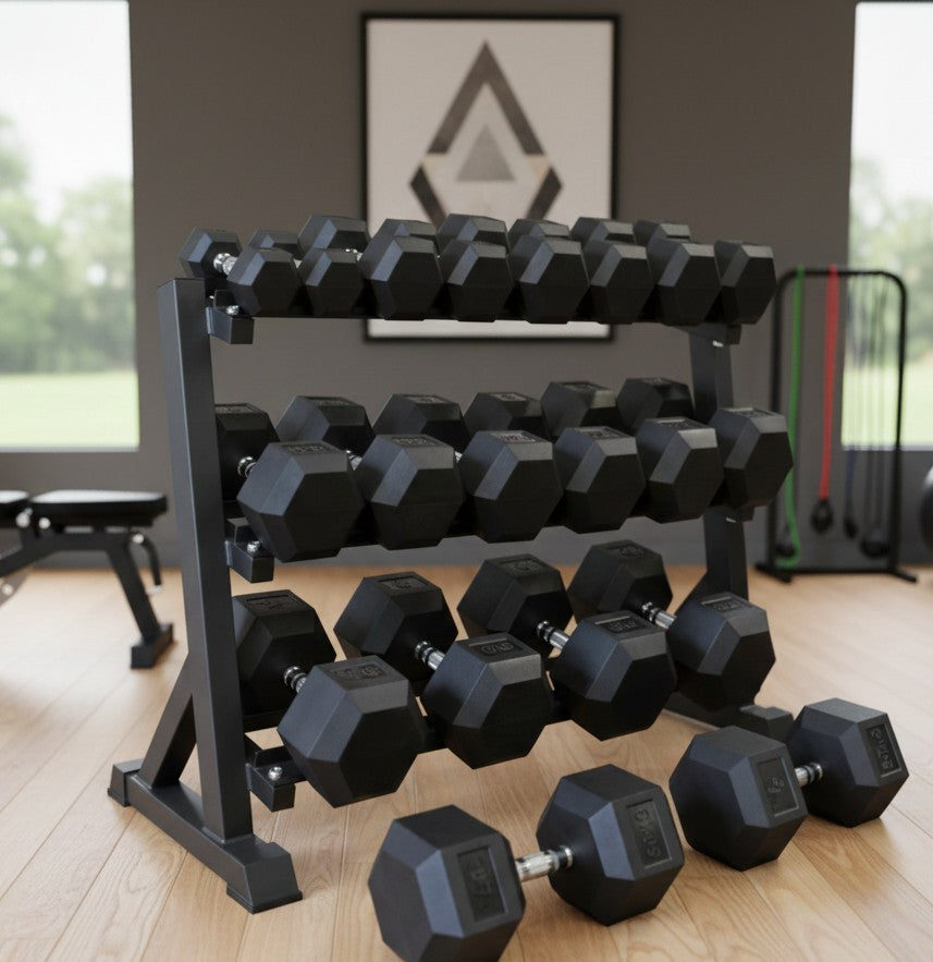 Hexagon Rubber Coated Dumbbells