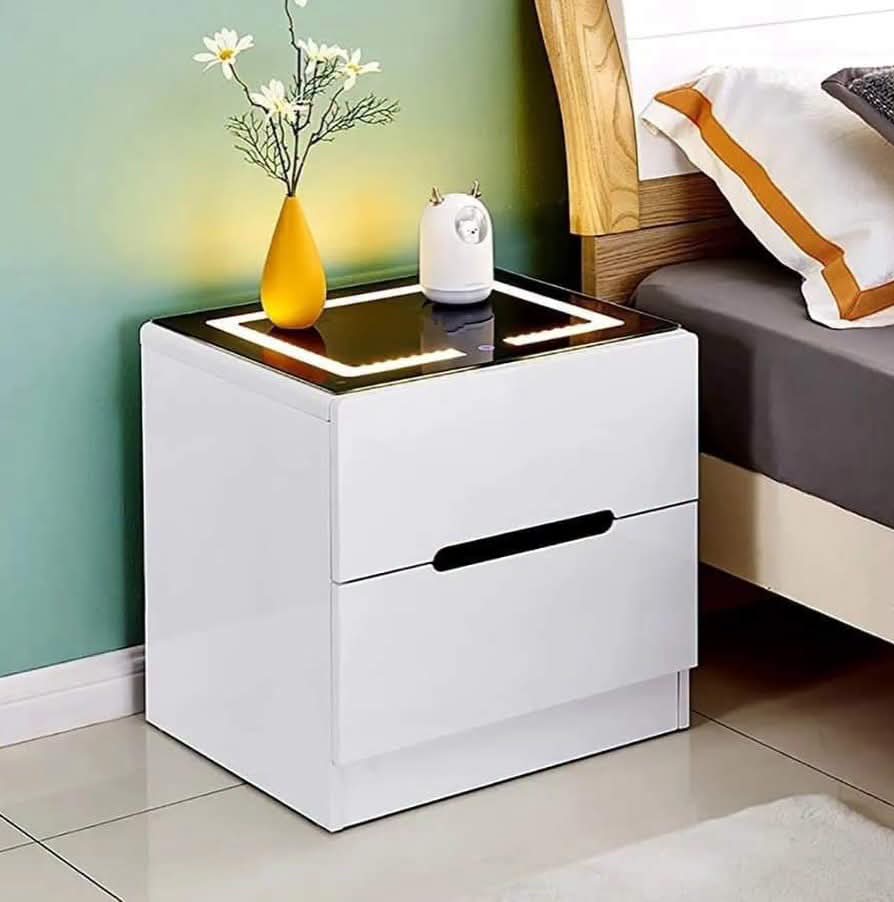 Modern Wooden Bedside Drawer with LED Light and Glass Top
