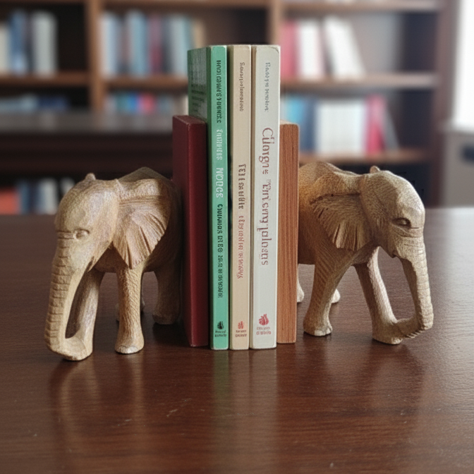 2pc Handcrafted Wooden Elephant Bookend