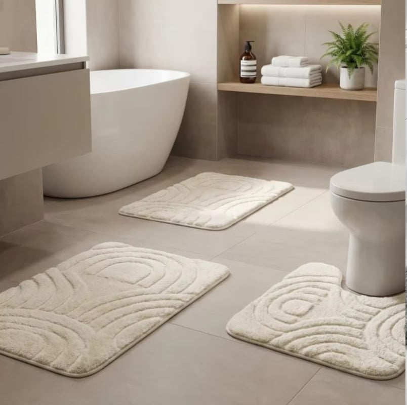 Three-piece bathroom and toilet mat set designed for comfort and floor protection