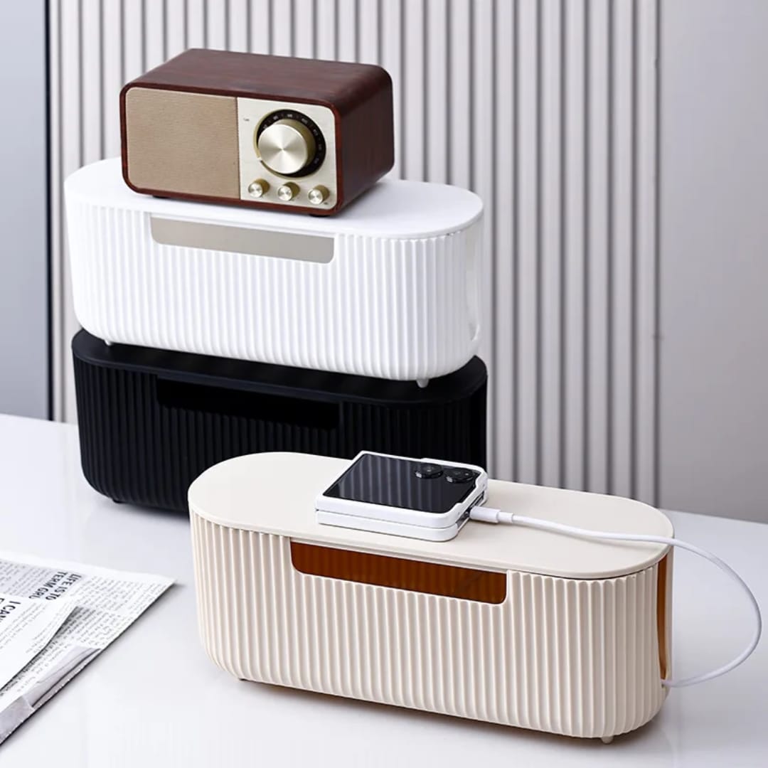 Gemelli Colllection cable storage box modern cable organiser for chargers and wires home office desk storage container cable management box dust proof cable organiser black white beige container