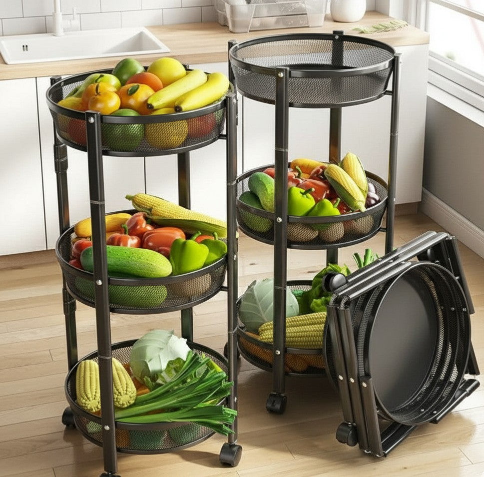 3-Tier Collapsible storage rack with lockable wheels for kitchen, living room, or office use