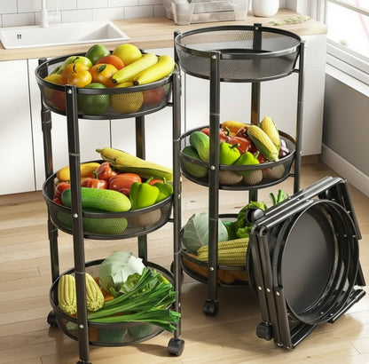 3-Tier Collapsible storage rack with lockable wheels for kitchen, living room, or office use