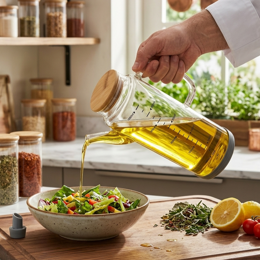 Glass oil and vinegar dispenser with bamboo lid and non-slip base for stylish kitchen storage